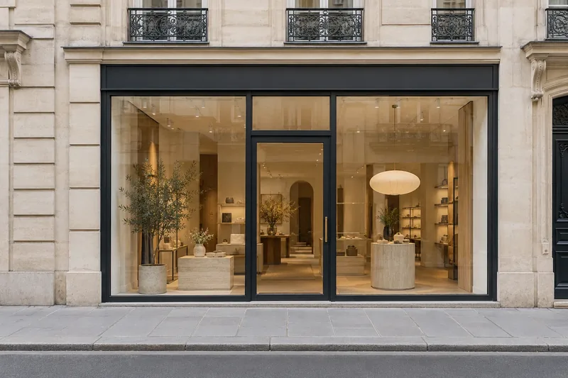 Devanture vitrée de commerce, illustration d’ambiance